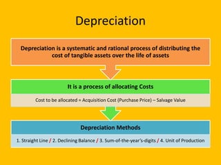 Depreciation
Depreciation Methods
1. Straight Line / 2. Declining Balance / 3. Sum-of-the-year’s-digits / 4. Unit of Production
It is a process of allocating Costs
Cost to be allocated = Acquisition Cost (Purchase Price) – Salvage Value
Depreciation is a systematic and rational process of distributing the
cost of tangible assets over the life of assets
 