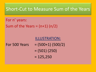 Short-Cut to Measure Sum of the Years
For n’ years:
Sum of the Years = (n+1) (n/2)
ILLUSTRATION:
For 500 Years = (500+1) (...