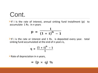 Cont.
If i Is the rate of interest, annual sinking fund installment (p) to
accumulate 1 Rs. in n years
If i is the rate or interest and 1 Rs. is deposited every year. total
sinking fund accumulated at the end of n years is,
Rate of depreciation in n years,
 