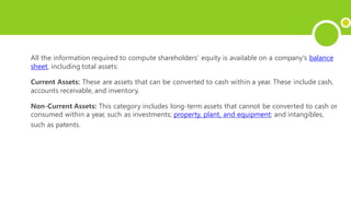 All the information required to compute shareholders' equity is available on a company's balance
sheet, including total assets:
Current Assets: These are assets that can be converted to cash within a year. These include cash,
accounts receivable, and inventory.
Non-Current Assets: This category includes long-term assets that cannot be converted to cash or
consumed within a year, such as investments; property, plant, and equipment; and intangibles,
such as patents.
 