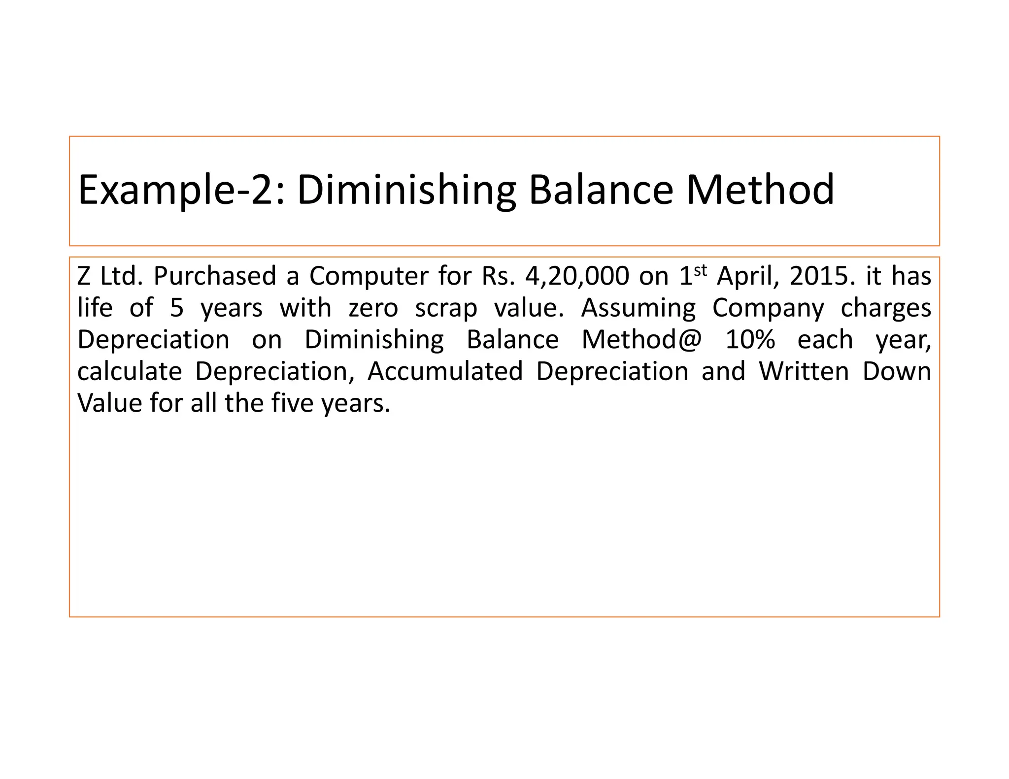Example-2: Diminishing Balance Method
Z Ltd. Purchased a Computer for Rs. 4,20,000 on 1st April, 2015. it has
life of 5 years with zero scrap value. Assuming Company charges
Depreciation on Diminishing Balance Method@ 10% each year,
calculate Depreciation, Accumulated Depreciation and Written Down
Value for all the five years.
 