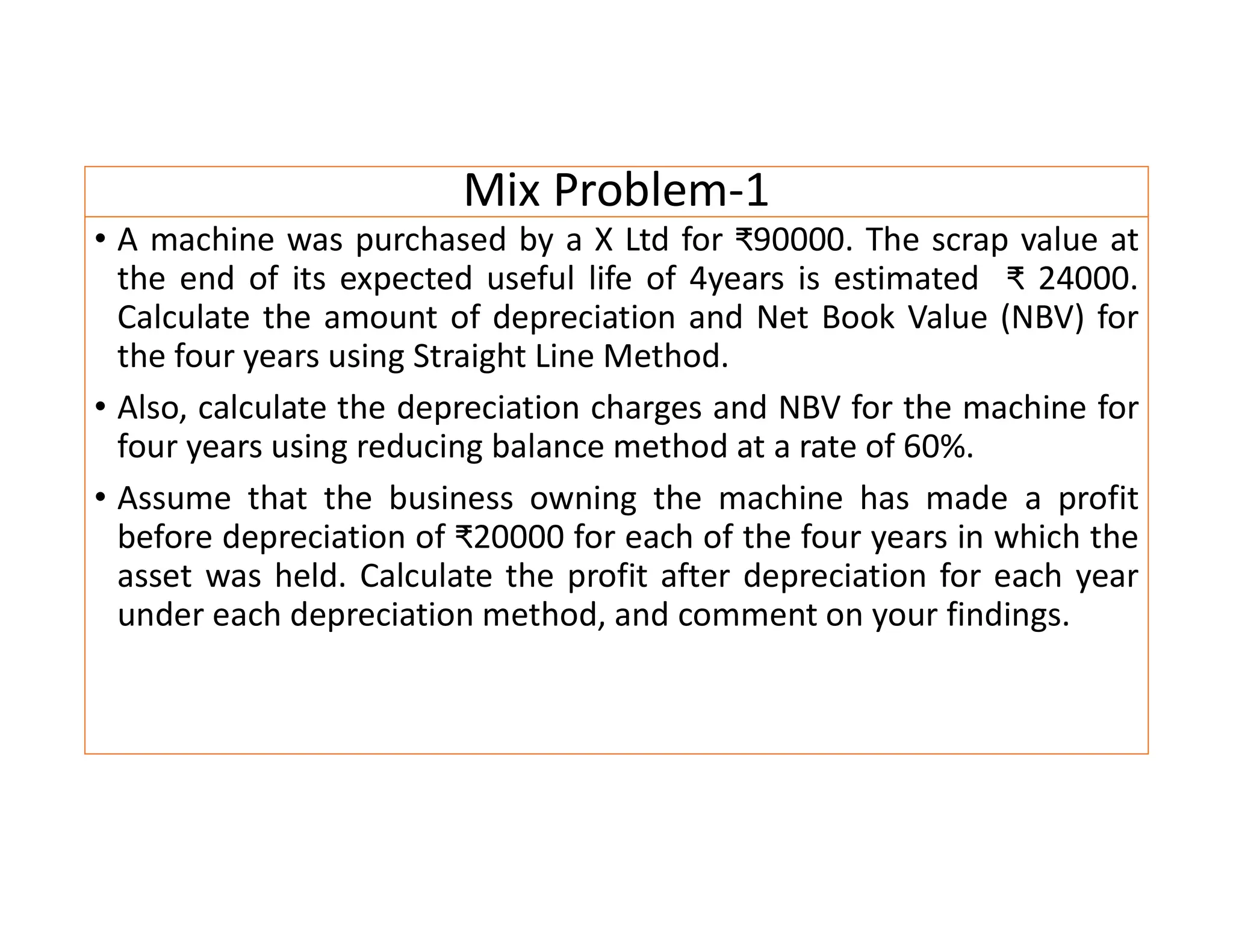 Mix Problem-1
• A machine was purchased by a X Ltd for ₹90000. The scrap value at
the end of its expected useful life of 4years is estimated ₹ 24000.
Calculate the amount of depreciation and Net Book Value (NBV) for
the four years using Straight Line Method.
• Also, calculate the depreciation charges and NBV for the machine for
four years using reducing balance method at a rate of 60%.
• Assume that the business owning the machine has made a profit
before depreciation of ₹20000 for each of the four years in which the
asset was held. Calculate the profit after depreciation for each year
under each depreciation method, and comment on your findings.
 