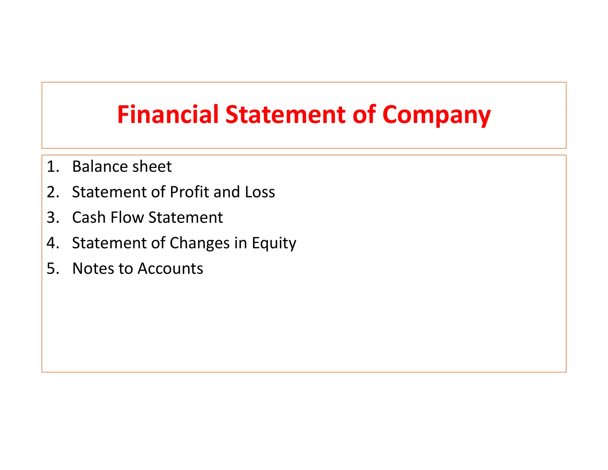 Financial Statement of Company
1. Balance sheet
2. Statement of Profit and Loss
3. Cash Flow Statement
4. Statement of Changes in Equity
5. Notes to Accounts
 