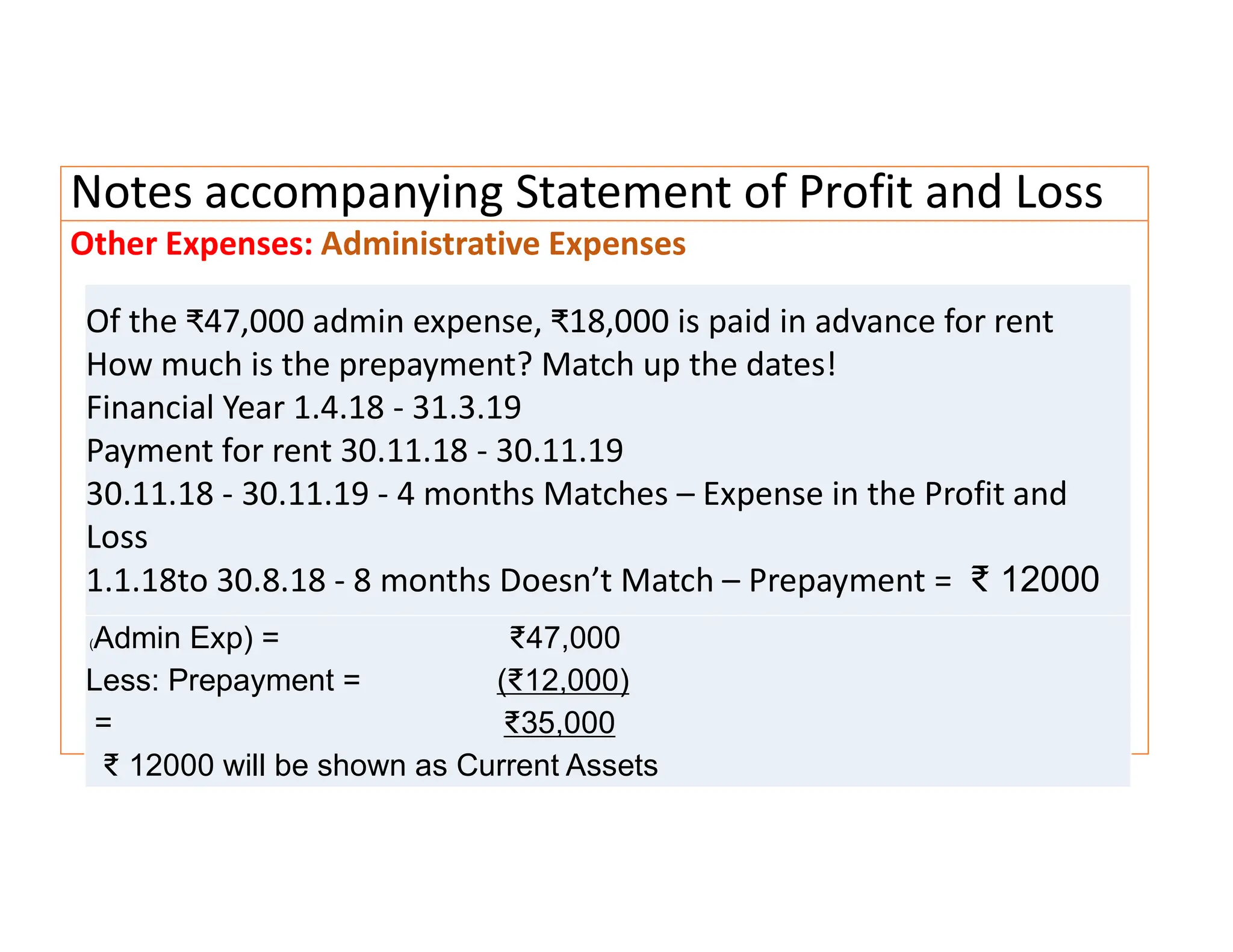 Notes accompanying Statement of Profit and Loss
Other Expenses: Administrative Expenses
Of the ₹47,000 admin expense, ₹18,000 is paid in advance for rent
How much is the prepayment? Match up the dates!
Financial Year 1.4.18 - 31.3.19
Payment for rent 30.11.18 - 30.11.19
30.11.18 - 30.11.19 - 4 months Matches – Expense in the Profit and
Loss
1.1.18to 30.8.18 - 8 months Doesn’t Match – Prepayment = ₹ 12000
(Admin Exp) = ₹47,000
Less: Prepayment = (₹12,000)
= ₹35,000
₹ 12000 will be shown as Current Assets
 