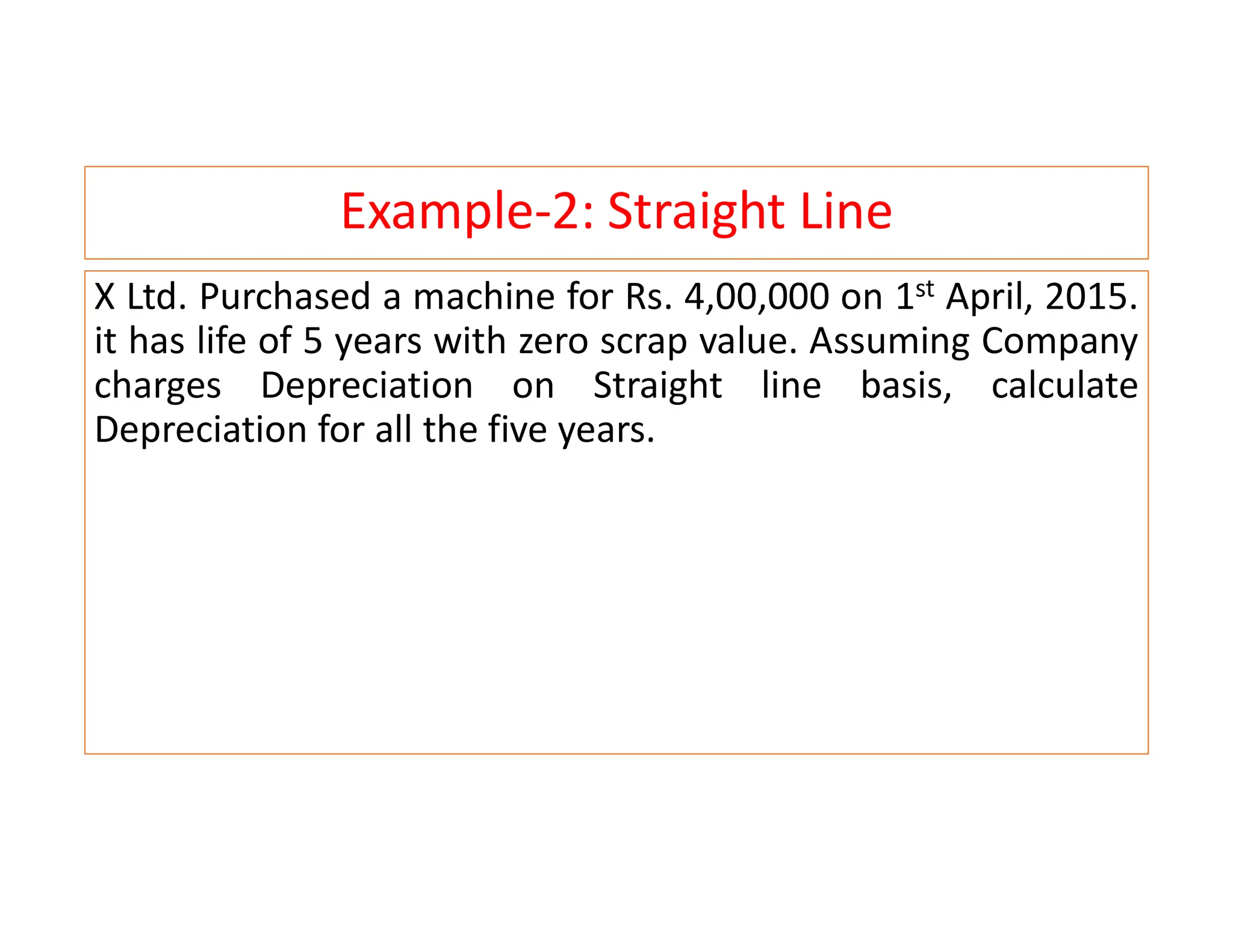 Example-2: Straight Line
X Ltd. Purchased a machine for Rs. 4,00,000 on 1st April, 2015.
it has life of 5 years with zero scrap value. Assuming Company
charges Depreciation on Straight line basis, calculate
Depreciation for all the five years.
 
