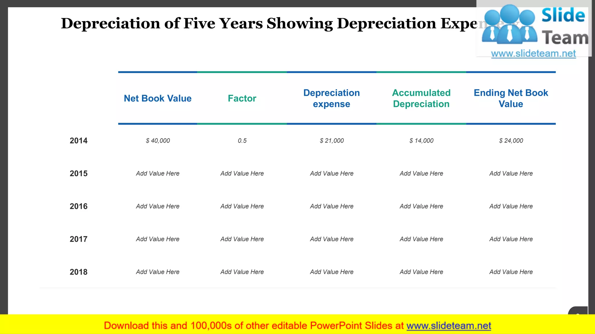 Depreciation of Five Years Showing Depreciation Expense &…
www.company name 8
Net Book Value Factor
Depreciation
expense
Accumulated
Depreciation
Ending Net Book
Value
2014 $ 40,000 0.5 $ 21,000 $ 14,000 $ 24,000
2015 Add Value Here Add Value Here Add Value Here Add Value Here Add Value Here
2016 Add Value Here Add Value Here Add Value Here Add Value Here Add Value Here
2017 Add Value Here Add Value Here Add Value Here Add Value Here Add Value Here
2018 Add Value Here Add Value Here Add Value Here Add Value Here Add Value Here
 