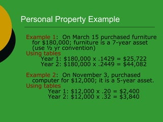 Example 1 :  On March 15 purchased furniture for $180,000; furniture is a 7-year asset (use ½ yr convention)  Using tables   Year 1: $180,000 x .1429 = $25,722 Year 2: $180,000 x .2449 = $44,082 Example 2 :  On November 3, purchased computer for $12,000; it is a 5-year asset.  Using tables Year 1: $12,000 x .20 = $2,400 Year 2: $12,000 x .32 = $3,840 Personal Property Example 
