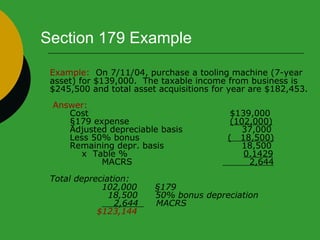 Example:  On 7/11/04, purchase a tooling machine (7-year asset) for $139,000.  The taxable income from business is $245,500 and total asset acquisitions for year are $182,453.   Answer:  Cost $139,000 §179 expense   (102,000) Adjusted depreciable basis      37,000 Less 50% bonus   (  18,500) Remaining depr. basis      18,500   x  Table %    0.1429 MACRS     2,644 Total depreciation:  102,000  §179   18,500  50% bonus depreciation   2,644  MACRS   $123,144 Section 179 Example 