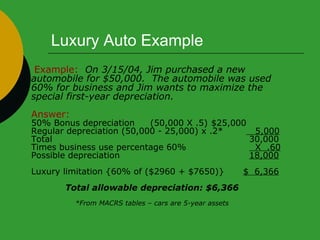 Luxury Auto Example   Example:  On 3/15/04, Jim purchased a new automobile for $50,000.  The automobile was used 60% for business and Jim wants to maximize the special first-year depreciation. Answer: 50% Bonus depreciation  (50,000 X .5) $25,000 Regular depreciation (50,000 - 25,000) x .2*   5,000 Total   30,000 Times business use percentage 60%   X  .60 Possible depreciation   18,000 Luxury limitation {60% of ($2960 + $7650)} $  6,366 Total allowable depreciation: $6,366 *From MACRS tables – cars are 5-year assets 