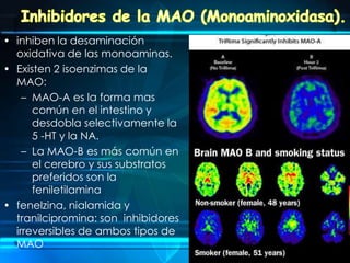Antidepresivos inhibidores selectivos de la recaptación de  5-HT o SerotoninaLa  fluoxetina fue el primer agente utilizado y el prototipo del grupo. También es un potente inhibidor de una enzima citocromo P-450 hepática,  conocida como CYP2D6, que metaboliza a los antidepresivos tricíclicos, algunos  neurolépticos, antiarrítmicos y betabloquentes.