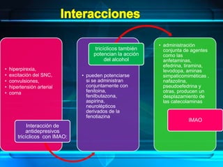 Mecanismos de acción de los antidepresivosLos antidepresivos que se utilizan actúan de acuerdo a uno de los siguientes mecanismos:reducen la degradación de neurotransmisores (los inhibidores de la MAO).bloquean la recaptación de los neurotransmisores en las sinapsis (los tricíclicos o la fluoxetina).los tetracíclicos, además bloquean autoreceptores como los Alfa 2 adrenérgicos.