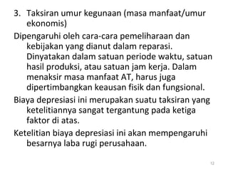 3. Taksiran umur kegunaan (masa manfaat/umur
ekonomis)
Dipengaruhi oleh cara-cara pemeliharaan dan
kebijakan yang dianut dalam reparasi.
Dinyatakan dalam satuan periode waktu, satuan
hasil produksi, atau satuan jam kerja. Dalam
menaksir masa manfaat AT, harus juga
dipertimbangkan keausan fisik dan fungsional.
Biaya depresiasi ini merupakan suatu taksiran yang
ketelitiannya sangat tergantung pada ketiga
faktor di atas.
Ketelitian biaya depresiasi ini akan mempengaruhi
besarnya laba rugi perusahaan.
12
 