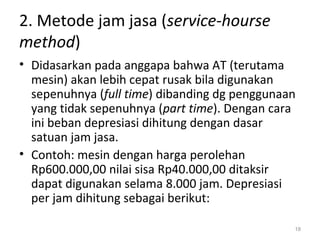 2. Metode jam jasa (service-hourse
method)
• Didasarkan pada anggapa bahwa AT (terutama
mesin) akan lebih cepat rusak bila digunakan
sepenuhnya (full time) dibanding dg penggunaan
yang tidak sepenuhnya (part time). Dengan cara
ini beban depresiasi dihitung dengan dasar
satuan jam jasa.
• Contoh: mesin dengan harga perolehan
Rp600.000,00 nilai sisa Rp40.000,00 ditaksir
dapat digunakan selama 8.000 jam. Depresiasi
per jam dihitung sebagai berikut:
18
 