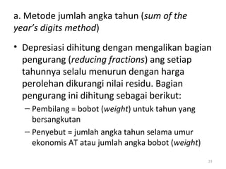 a. Metode jumlah angka tahun (sum of the
year’s digits method)
• Depresiasi dihitung dengan mengalikan bagian
pengurang (reducing fractions) ang setiap
tahunnya selalu menurun dengan harga
perolehan dikurangi nilai residu. Bagian
pengurang ini dihitung sebagai berikut:
– Pembilang = bobot (weight) untuk tahun yang
bersangkutan
– Penyebut = jumlah angka tahun selama umur
ekonomis AT atau jumlah angka bobot (weight)
31
 