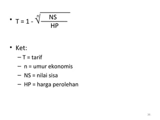 • T = 1 - √
• Ket:
– T = tarif
– n = umur ekonomis
– NS = nilai sisa
– HP = harga perolehan
36
NS
HP
n
 