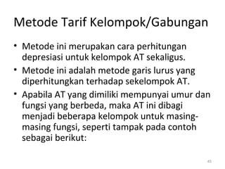Metode Tarif Kelompok/Gabungan
• Metode ini merupakan cara perhitungan
depresiasi untuk kelompok AT sekaligus.
• Metode ini adalah metode garis lurus yang
diperhitungkan terhadap sekelompok AT.
• Apabila AT yang dimiliki mempunyai umur dan
fungsi yang berbeda, maka AT ini dibagi
menjadi beberapa kelompok untuk masing-
masing fungsi, seperti tampak pada contoh
sebagai berikut:
45
 