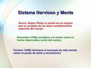 Sistema Nervioso y Mente Grecia: Según Platón la mente era un órgano que se ocupaba de las ideas completamente separada de...