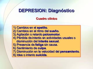 DEPRESION: Diagnóstico 1) Cambios en el  apetito . 2) Cambios en el ritmo del  sueño . 3) Agitación o retardo  psicomotor ...