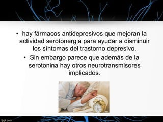 • hay fármacos antidepresivos que mejoran la
actividad serotonergia para ayudar a disminuir
los síntomas del trastorno depresivo.
• Sin embargo parece que además de la
serotonina hay otros neurotransmisores
implicados.

 