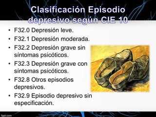 • F32.0 Depresión leve.
• F32.1 Depresión moderada.
• F32.2 Depresión grave sin
síntomas psicóticos.
• F32.3 Depresión grave con
síntomas psicóticos.
• F32.8 Otros episodios
depresivos.
• F32.9 Episodio depresivo sin
especificación.

 