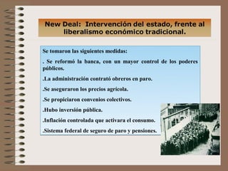 Se tomaron las siguientes medidas:
. Se reformó la banca, con un mayor control de los poderes
públicos.
.La administración contrató obreros en paro.
.Se aseguraron los precios agrícola.
.Se propiciaron convenios colectivos.
.Hubo inversión pública.
.Inflación controlada que activara el consumo.
.Sistema federal de seguro de paro y pensiones.
 