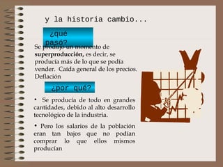 y la historia cambio...
     ¿qué
    pasó?
Se produjo un momento de
superproducción, es decir, se
producía más de lo que se podía
vender. Caída general de los precios.
Deflación
      ¿por qué?
• Se producía de todo en grandes
cantidades, debido al alto desarrollo
tecnológico de la industria.
• Pero los salarios de la población
eran tan bajos que no podían
comprar lo que ellos mismos
producían
 