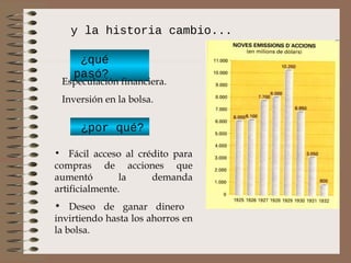 y la historia cambio...

       ¿qué
      pasó?
    Especulación financiera.
    Inversión en la bolsa.

        ¿por qué?

•   Fácil acceso al crédito para
compras de acciones que
aumentó         la     demanda
artificialmente.
• Deseo de ganar dinero
invirtiendo hasta los ahorros en
la bolsa.
 