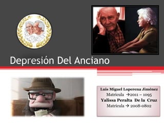 Depresión Del Anciano
Luis Miguel Loperena Jiménez
Matricula 2011 – 1095
Yalissa Peralta De la Cruz
Matricula  2008-0802
 