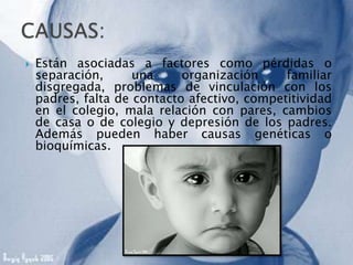  Están asociadas a factores como pérdidas o
separación, una organización familiar
disgregada, problemas de vinculación con los
padres, falta de contacto afectivo, competitividad
en el colegio, mala relación con pares, cambios
de casa o de colegio y depresión de los padres.
Además pueden haber causas genéticas o
bioquímicas.
 