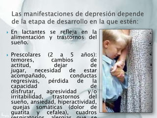  En lactantes se refleja en la
alimentación y trastornos del
sueño.
 Prescolares (2 a 5 años):
temores, cambios de
actitud, dejar de
jugar, necesidad de estar
acompañado, conductas
regresivas, pérdida de la
capacidad de
disfrutar, agresividad y/o
irritabilidad, trastornos del
sueño, ansiedad, hiperactividad,
quejas somáticas (dolor de
guatita y cefalea), cuadros
 