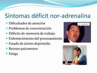 Síntomas déficit nor-adrenalina
 Dificultades de atención
 Problemas de concentración
 Déficits de memoria de trabajo
 Enlentecimiento del procesamiento
 Estado de ánimo deprimido
 Retraso psicomotor
 Fatiga
 