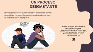 UN PROCESO
DESGASTANTE
Es difícil para quienes sufren depresión enfrentarse al dolor
que conlleva, pero también es complicado y doloroso para
las personas que la acompañan.
Invertir energía en cuidado y
recuperación ajena,
Descuidando muchas veces de ti,
¿Al final serás de ayuda?
La respuesta es:
SI
 