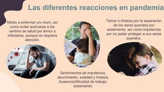 Miedo a enfermar y/o morir, así
como evitar acercarse a los
centros de salud por temor a
infectarse, aunque no requiera
atención.
Las diferentes reacciones en pandemia
Sentimientos de impotencia,
aburrimiento, soledad y tristeza.
Ausencia/dificultad de trabajo,
aislamiento.
Temor o tristeza por la separación
de los seres queridos por
aislamiento, así como impotencia
por no poder proteger a sus seres
queridos.
 