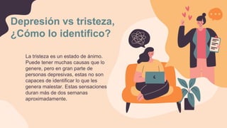 La tristeza es un estado de ánimo.
Puede tener muchas causas que lo
genere, pero en gran parte de
personas depresivas, estas no son
capaces de identificar lo que les
genera malestar. Estas sensaciones
duran más de dos semanas
aproximadamente.
Depresión vs tristeza,
¿Cómo lo identifico?
 