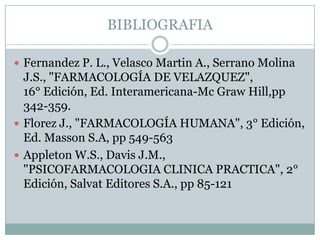 BIBLIOGRAFIA

 Fernandez P. L., Velasco Martin A., Serrano Molina
  J.S., "FARMACOLOGÍA DE VELAZQUEZ",
  16° Edición, Ed. Interamericana-Mc Graw Hill,pp
  342-359.
 Florez J., "FARMACOLOGÍA HUMANA", 3° Edición,
  Ed. Masson S.A, pp 549-563
 Appleton W.S., Davis J.M.,
  "PSICOFARMACOLOGIA CLINICA PRACTICA", 2°
  Edición, Salvat Editores S.A., pp 85-121
 