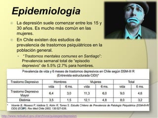Epidemiologia
 La depresión suele comenzar entre los 15 y 30
años. Es mucho más común en las mujeres.
 En Chile existen dos estudios de prevalencia de
trastornos psiquiátricos en la población general.
 “Trastornos mentales comunes en Santiago”:
Prevalencia semanal total de “episodio depresivo”
de 5.5% (2.7% para hombres. 8.0% en mujeres)
 “Estudio Chileno de prevalencia de patología
psiquiátrica”:
http://www.redsalud.gov.cl/archivos/guiasges/depresion
 