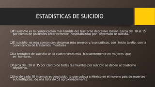 ESTADISTICAS DE SUICIDIO
El suicidio es la complicación más temida del trastorno depresivo mayor. Cerca del 10 al 15
por ciento de pacientes anteriormente hospitalizados por depresión se suicida.
El suicidio es más común con síntomas más severos y/o psicóticos, con inicio tardío, con la
coexistencia de trastornos mentales
La tentativa de suicidio se da cuatro veces más frecuentemente en mujeres que
en hombres.
Cerca del 20 al 35 por ciento de todas las muertes por suicidio se deben al trastorno
depresivo.
Uno de cada 10 intentos es concluido, lo que coloca a México en el noveno país de muertes
autoinfligidas, de una lista de 53 aproximadamente.
 