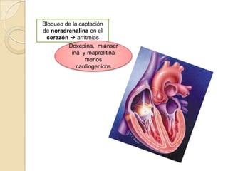 Bloqueo de la captación
de noradrenalina en el
 corazón  arritmias
         Doxepina, mianser
          ina y maprolitina
                menos
             cardiogenicos
 