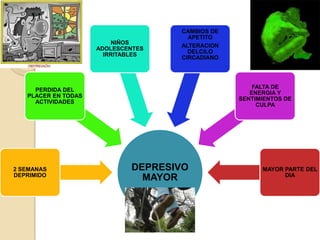 CAMBIOS DE
                                      APETITO
                          NIÑOS
                                    ALTERACION
                     ADOLESCENTES
                                      DELCILO
                       IRRITABLES
                                    CIRCADIANO




                                                     FALTA DE
     PERDIDA DEL
                                                    ENERGIA Y
   PLACER EN TODAS
                                                 SENTIMIENTOS DE
     ACTIVIDADES
                                                      CULPA




2 SEMANAS                    DEPRESIVO                 MAYOR PARTE DEL
DEPRIMIDO                                                    DIA
                               MAYOR
 