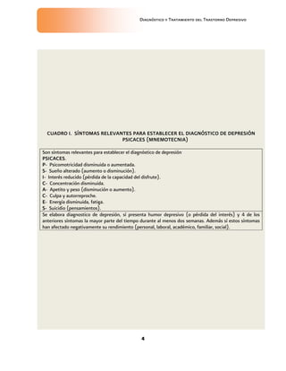 Diagnóstico y Tratamiento del Trastorno Depresivo
4
CUADRO I. SÍNTOMAS RELEVANTES PARA ESTABLECER EL DIAGNÓSTICO DE DEPRESIÓN
PSICACES (MNEMOTECNIA)
Son síntomas relevantes para establecer el diagnóstico de depresión
PSICACES.
P- Psicomotricidad disminuida o aumentada.
S- Sueño alterado (aumento o disminución).
I- Interés reducido (pérdida de la capacidad del disfrute).
C- Concentración disminuida.
A- Apetito y peso (disminución o aumento).
C- Culpa y autorreproche.
E- Energía disminuida, fatiga.
S- Suicidio (pensamientos).
Se elabora diagnostico de depresión, sí presenta humor depresivo (o pérdida del interés) y 4 de los
anteriores síntomas la mayor parte del tiempo durante al menos dos semanas. Además sí estos síntomas
han afectado negativamente su rendimiento (personal, laboral, académico, familiar, social).
 