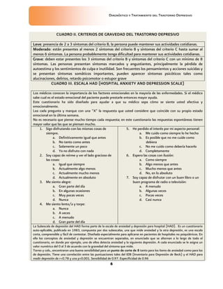 Diagnóstico y Tratamiento del Trastorno Depresivo
6
CUADRO II. CRITERIOS DE GRAVEDAD DEL TRASTORNO DEPRESIVO
Leve: presencia de 2 a 3 síntomas del criterio B, la persona puede mantener sus actividades cotidianas.
Moderado: están presentes al menos 2 síntomas del criterio B y síntomas del criterio C hasta sumar al
menos 6 síntomas. La persona probablemente tenga dificultad para mantener sus actividades cotidianas.
Grave: deben estar presentes los 3 síntomas del criterio B y síntomas del criterio C con un mínimo de 8
síntomas. Las personas presentan síntomas marcados y angustiantes, principalmente la pérdida de
autoestima y los sentimientos de culpa e inutilidad. Son frecuentes los pensamientos y acciones suicidas y
se presentan síntomas somáticos importantes, pueden aparecer síntomas psicóticos tales como
alucinaciones, delirios, retardo psicomotor o estupor grave
CUADRO III. ESCALA HAD (HOSPITAL ANXIETY AND DEPRESSION SCALE)
Los médicos conocen la importancia de los factores emocionales en la mayoría de las enfermedades. Si el médico
sabe cual es el estado emocional del paciente puede prestarle entonces mayor ayuda.
Este cuestionario ha sido diseñado para ayudar a que su médico sepa cómo se siente usted afectiva y
emocionalmente.
Lea cada pregunta y marque con una “X” la respuesta que usted considere que coincide con su propio estado
emocional en la última semana.
No es necesario que piense mucho tiempo cada respuesta; en este cuestionario las respuestas espontáneas tienen
mayor valor que las que se piensan mucho.
1. Sigo disfrutando con las mismas cosas de
siempre.
a. Definitivamente igual que antes
b. No tanto como antes
c. Solamente un poco
d. Ya no disfruto con nada
2. Soy capaz de reírme y ver el lado gracioso de
las cosas:
a. Igual que siempre
b. Actualmente algo menos
c. Actualmente mucho menos
d. Actualmente en absoluto
3. Me siento alegre:
a. Gran parte del día
b. En algunas ocasiones
c. Muy pocas veces
d. Nunca
4. Me siento lento/a y torpe:
a. Nunca
b. A veces
c. A menudo
d. Gran parte del día
5. He perdido el interés por mi aspecto personal:
a. Me cuido como siempre lo he hecho
b. Es posible que no me cuide como
debiera
c. No me cuido como debería hacerlo
d. Completamente
6. Espero las cosas con ilusión:
a. Como siempre
b. Algo menos que antes
c. Mucho menos que antes
d. No, en lo absoluto
7. Soy capaz de disfrutar con un buen libro o un
buen programa de radio o televisión:
a. A menudo
b. Algunas veces
c. Pocas veces
d. Casi nunca
La Subescala de depresión del HAD forma parte de la escala de ansiedad y depresión para hospital (HAD). Es un cuestionario
auto-aplicable, publicada en 1983, compuesta por dos subescalas, una que mide ansiedad y la otra depresión, es una escala
corta, comprensible y fácil de contestar. Diseñada especialmente para aplicarse en pacientes de hospitales no psiquiátricos. En
ella los conceptos de ansiedad y depresión se encuentran separados, en enunciado que se alternan a lo largo de todo el
cuestionario, en donde por ejemplo, uno de ellos detecta ansiedad y la siguiente depresión. A cada enunciado se le asigna un
valor numérico del 0 al 3 de acuerdo con la gravedad del síntoma que mide.
Torres y cols., encontraron una buena sensibilidad para un punto de corte de 8 tanto para los ítems de ansiedad como para los
de depresión. Tiene una correlación entre las puntuaciones tales del IDB (Inventario para Depresión de Beck) y el HAD para
medir depresión de r=0.78 y una p>0.001. Sensibilidad de 0.97. Especificidad de 0.96
 