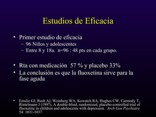 Estudios de EficaciaEstudios de Eficacia
• Primer estudio de eficaciaPrimer estudio de eficacia
– 96 Niños y adolescentes96 Niños y adolescentes
– Entre 8 y 18a. n=96 : 48 pts en cada grupo.Entre 8 y 18a. n=96 : 48 pts en cada grupo.
• Rta con medicación 57 % y placebo 33%Rta con medicación 57 % y placebo 33%
• La conclusión es que la fluoxetina sirve para laLa conclusión es que la fluoxetina sirve para la
fase agudafase aguda
• Emslie GJ, Rush AJ, Weinberg WA, Kowatch RA, Hughes CW, Carmody T,Emslie GJ, Rush AJ, Weinberg WA, Kowatch RA, Hughes CW, Carmody T,
Rintelmann J (1997), A double-blind, randomized, placebo-controlled trial ofRintelmann J (1997), A double-blind, randomized, placebo-controlled trial of
fluoxetine in children and adolescents with depression.fluoxetine in children and adolescents with depression. Arch Gen PsychiatryArch Gen Psychiatry
54: 1031-103754: 1031-1037
 