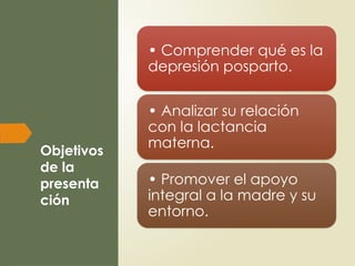 Objetivos
de la
presenta
ción
• Comprender qué es la
depresión posparto.
• Analizar su relación
con la lactancia
materna.
• Promover el apoyo
integral a la madre y su
entorno.
 