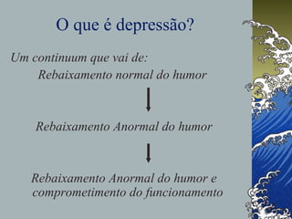 O que é depressão?
Um continuum que vai de:
Rebaixamento normal do humor
Rebaixamento Anormal do humor
Rebaixamento Anormal do humor e
comprometimento do funcionamento
 