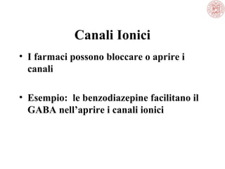 Canali Ionici
• I farmaci possono bloccare o aprire i
canali
• Esempio: le benzodiazepine facilitano il
GABA nell’aprire i canali ionici
 