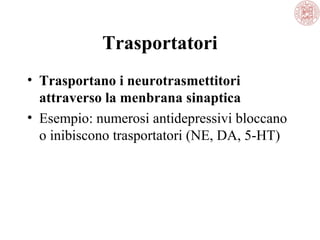 Trasportatori
• Trasportano i neurotrasmettitori
attraverso la menbrana sinaptica
• Esempio: numerosi antidepressivi bloccano
o inibiscono trasportatori (NE, DA, 5-HT)
 