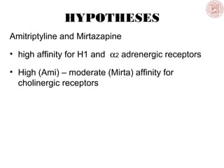 HYPOTHESES
Amitriptyline and Mirtazapine
• high affinity for H1 and α2 adrenergic receptors
• High (Ami) – moderate (Mirta) affinity for
cholinergic receptors
 