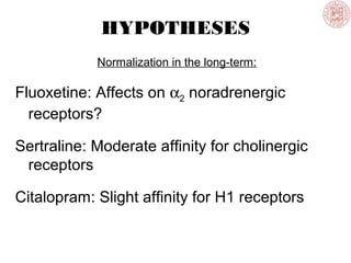 HYPOTHESES
Normalization in the long-term:
Fluoxetine: Affects on α2 noradrenergic
receptors?
Sertraline: Moderate affinity for cholinergic
receptors
Citalopram: Slight affinity for H1 receptors
 