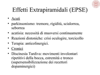 Effetti Extrapiramidali (EPSE)
• Acuti
• parkinsonismo: tremore, rigidità, scialorrea,
seborrea
• acatisia: necessità di muoversi continuamente
• Reazioni distoniche: crisi oculogire, torcicollo
• Terapia: anticolinergici.
• Cronici
• Discinesia Tardiva: movimenti involontari
ripetitivi della bocca, estremità e tronco
(supersensibilizzazione dei recettori
dopaminergici)
 