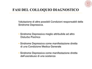 Valutazione di altre possibili Condizioni responsabili della
Sindrome Depressiva.
• Sindrome Depressiva meglio attribuibile ad altro
Disturbo Psichico
• Sindrome Depressiva come manifestazione diretta
di una Condizione Medica Generale
• Sindrome Depressiva come manifestazione diretta
dell’uso/abuso di una sostanza
FASI DEL COLLOQUIO DIAGNOSTICO
 